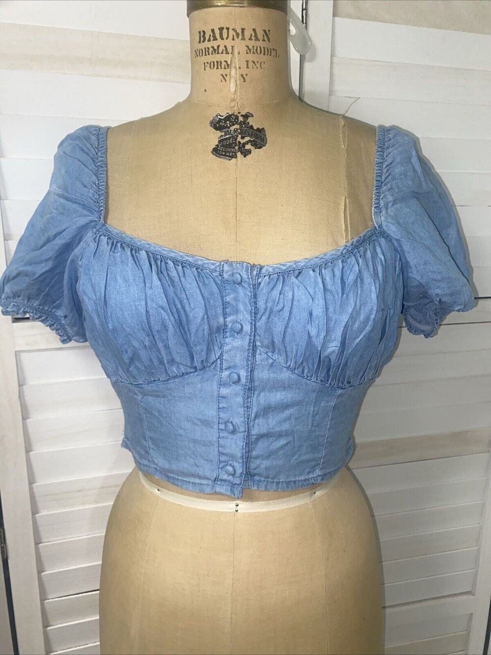 Dizzy Lizzy Denim Corset Puff Sleeve Cropped Top Blue Cottagecore Size Medium